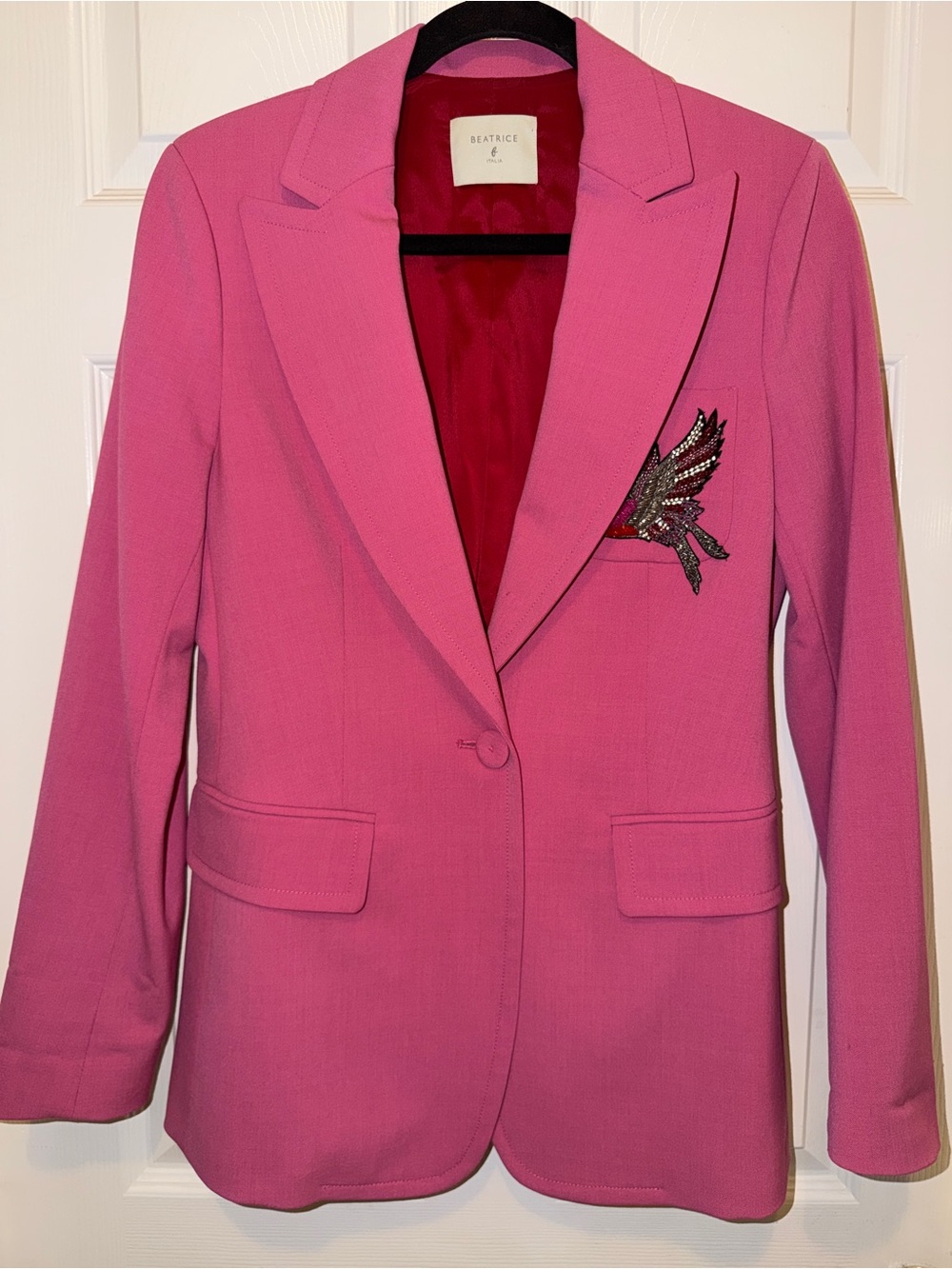 Beatrice B. Pink Embellished Bird Detail Single-Button Blazer